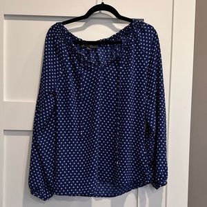 Rose & Olive cute flouncy blue with white polka dots drawstring neck blouse.